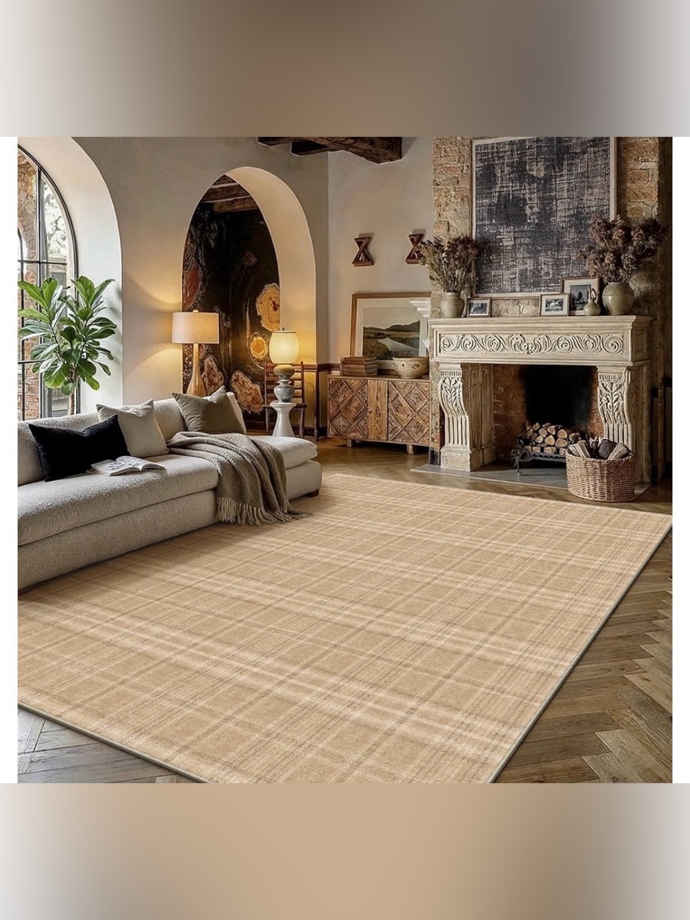8x10 Brown Washable Checkered Area Rug - Picture 2 of 3